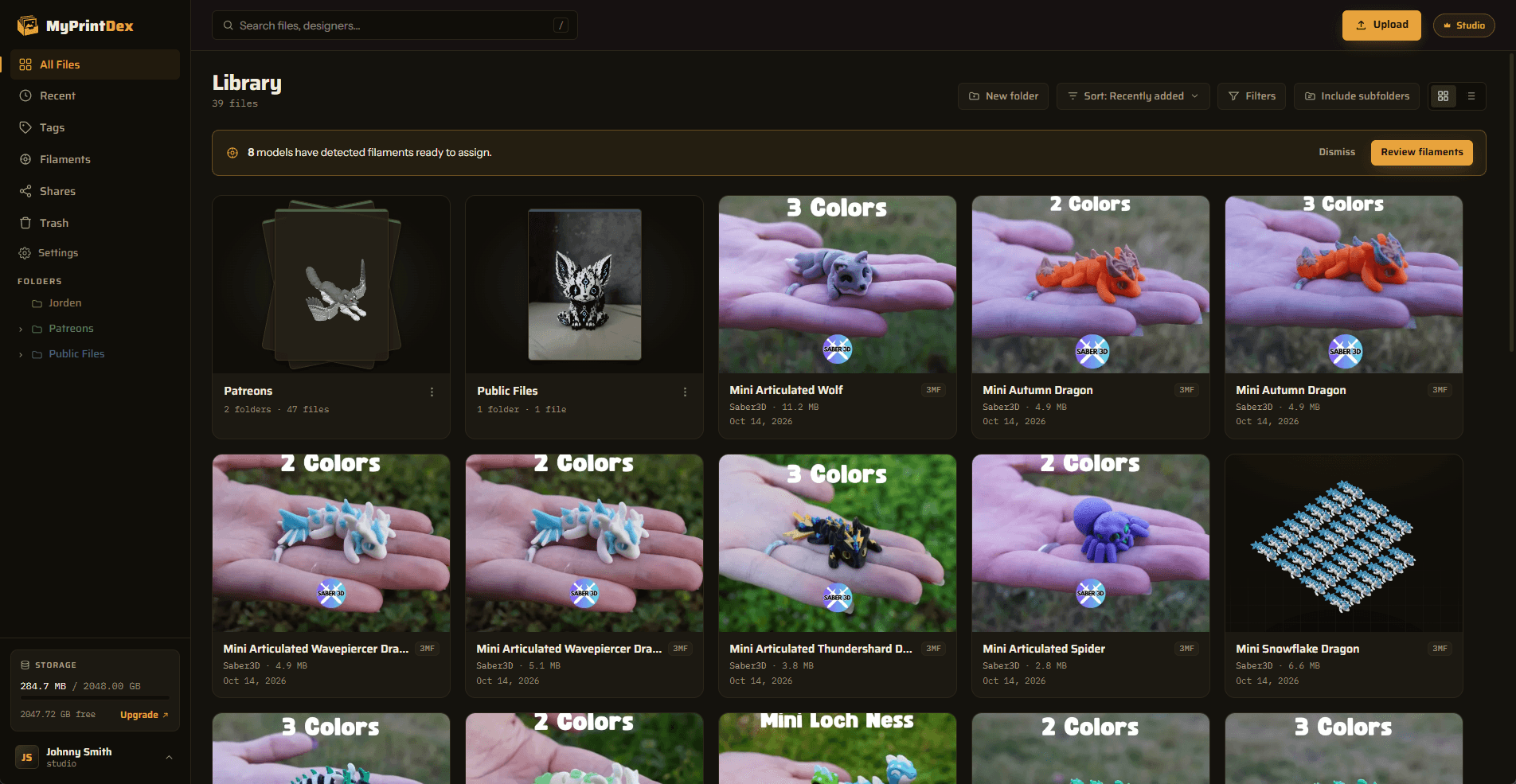 The MyPrintDex library showing a grid of 3D model thumbnails with a folder and tag sidebar